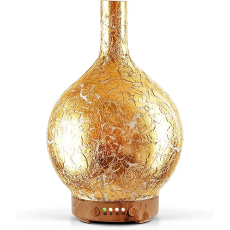 Gold-colored crackle glass essential oil diffuser with wooden base for ultrasonic essential oil