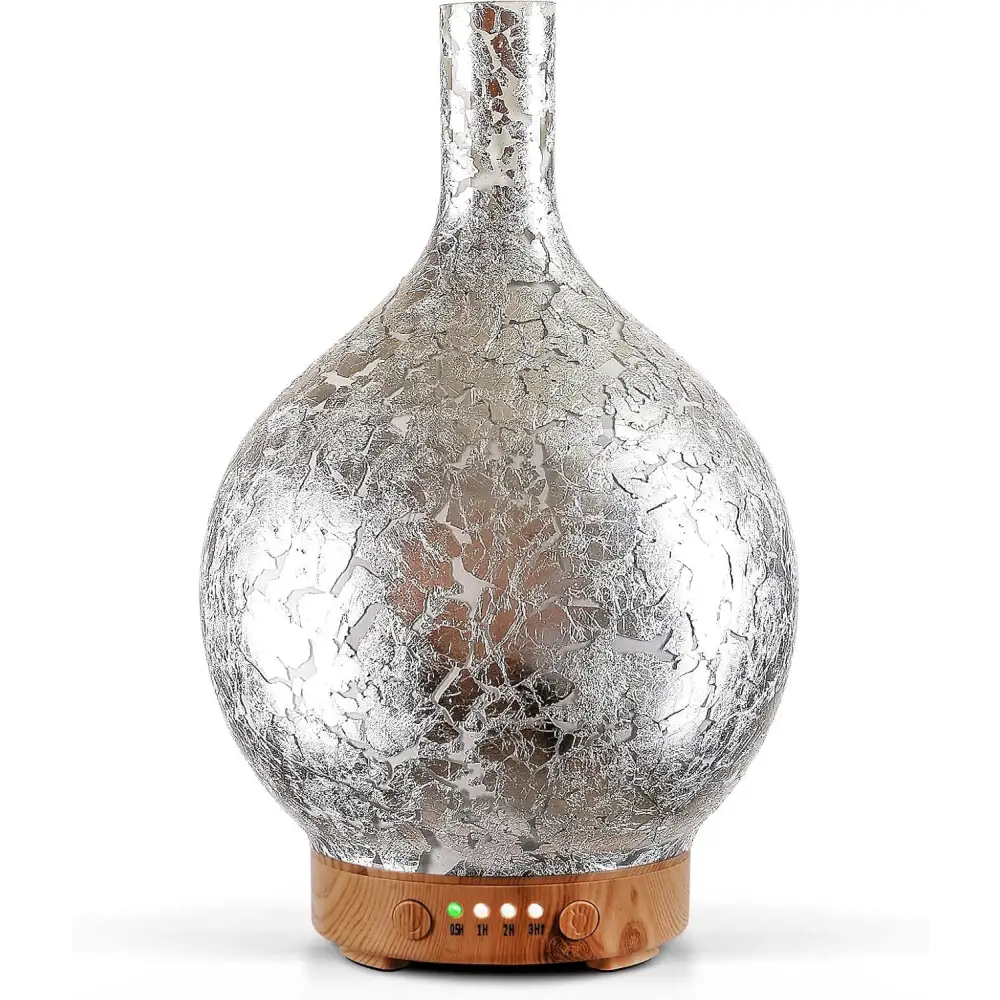 Silver crackle-glass ultrasonic essential oil diffuser with a wooden base