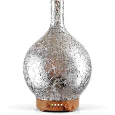 Silver crackle-glass ultrasonic essential oil diffuser with a wooden base