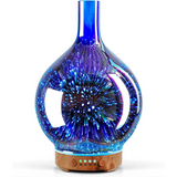 3D firework-effect ultrasonic essential oil diffuser with blue iridescent finish and wood base