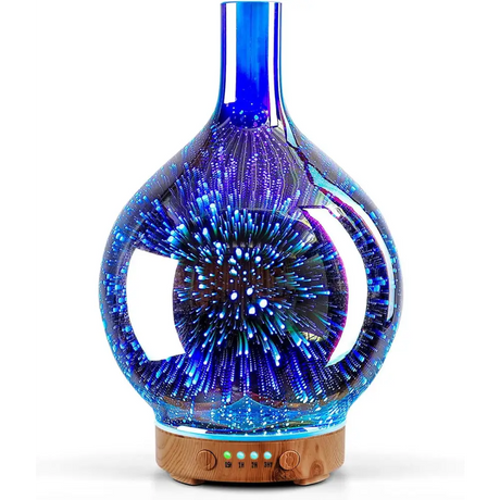 3D firework-effect ultrasonic essential oil diffuser with blue iridescent finish and wood base