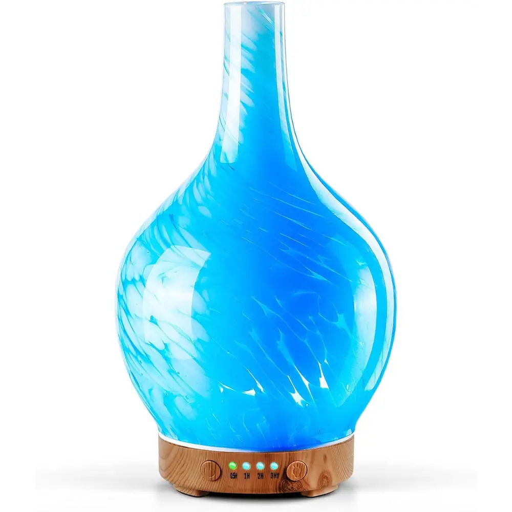 Blue Iridescent Ultrasonic Essential Oil Diffuser with Wooden Base and Swirled Glass Design