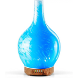 Blue Iridescent Ultrasonic Essential Oil Diffuser with Wooden Base and Swirled Glass Design