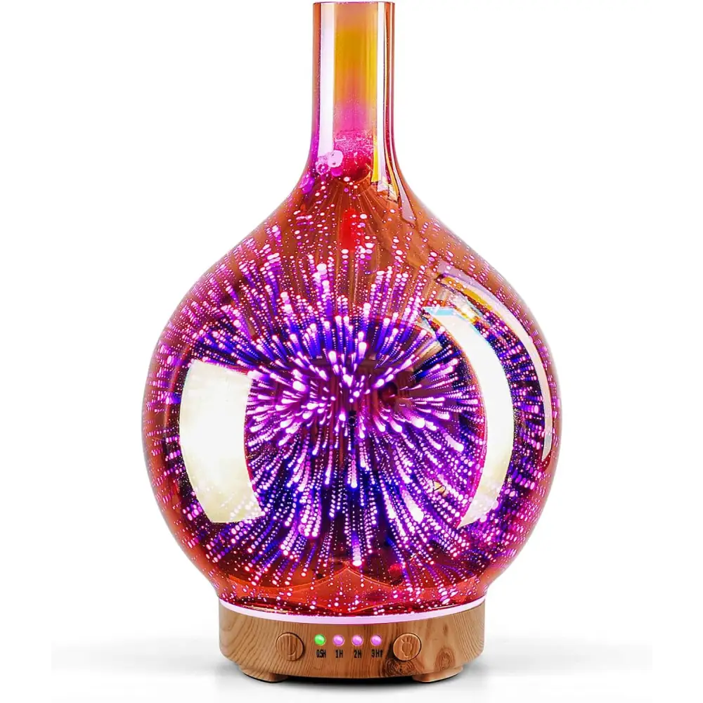 3D firework-effect glass diffuser with colorful LED lighting and wooden base, ultrasonic essential oil