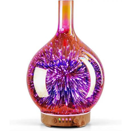 3D firework-effect glass diffuser with colorful LED lighting and wooden base, ultrasonic essential oil