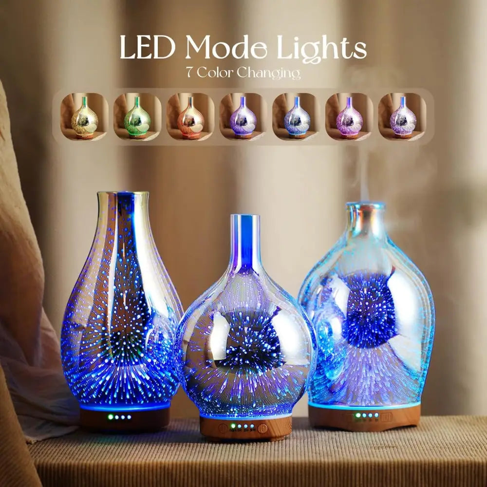 3D glass diffusers with color-changing LEDs in Blue Iridescent Ultrasonic Essential Oil Diffuser