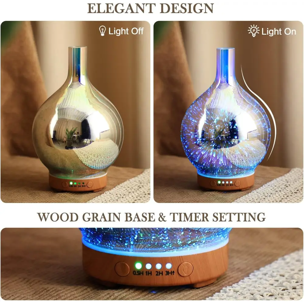 Blue Iridescent Ultrasonic Essential Oil Diffuser with Galaxy Effect and Wooden Base