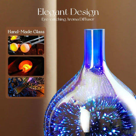 Elegant blue glass ultrasonic essential oil diffuser with starburst pattern and wooden base