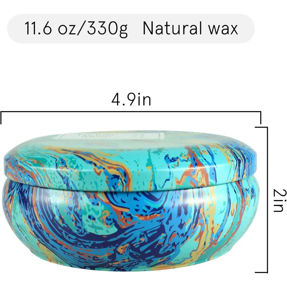 Decorative tin with blue, turquoise, and orange marbled lid for Pure Soy Wax Candle