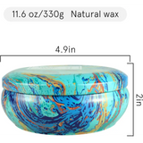 Decorative tin with blue, turquoise, and orange marbled lid for Pure Soy Wax Candle