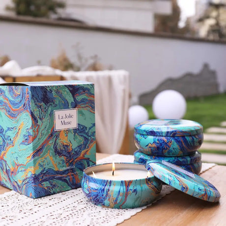 Decorative Blue Marble Pure Soy Wax Candles in Marbled Tins with Matching Packaging