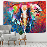 Colorful watercolor elephant tapestry for stylish boho wall decor with dripping paint effects