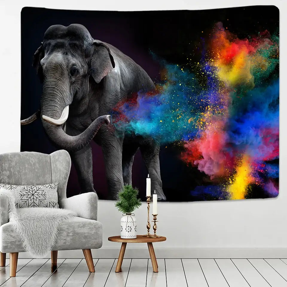 Elephant spraying colorful powder in vibrant rainbow burst for Boho Wall Decor tapestry