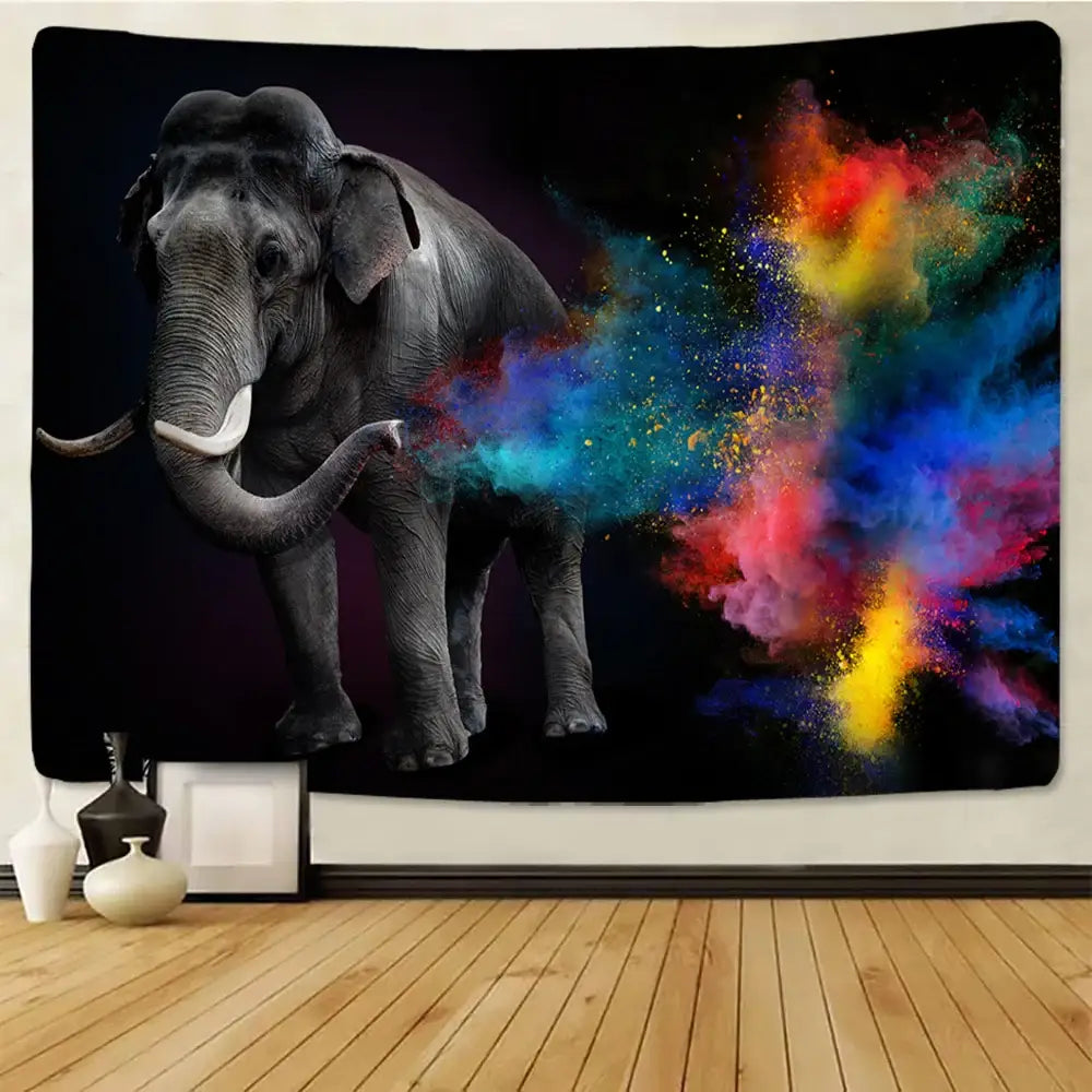 Elephant spraying colorful powder creates vibrant boho wall decor in this tapestry