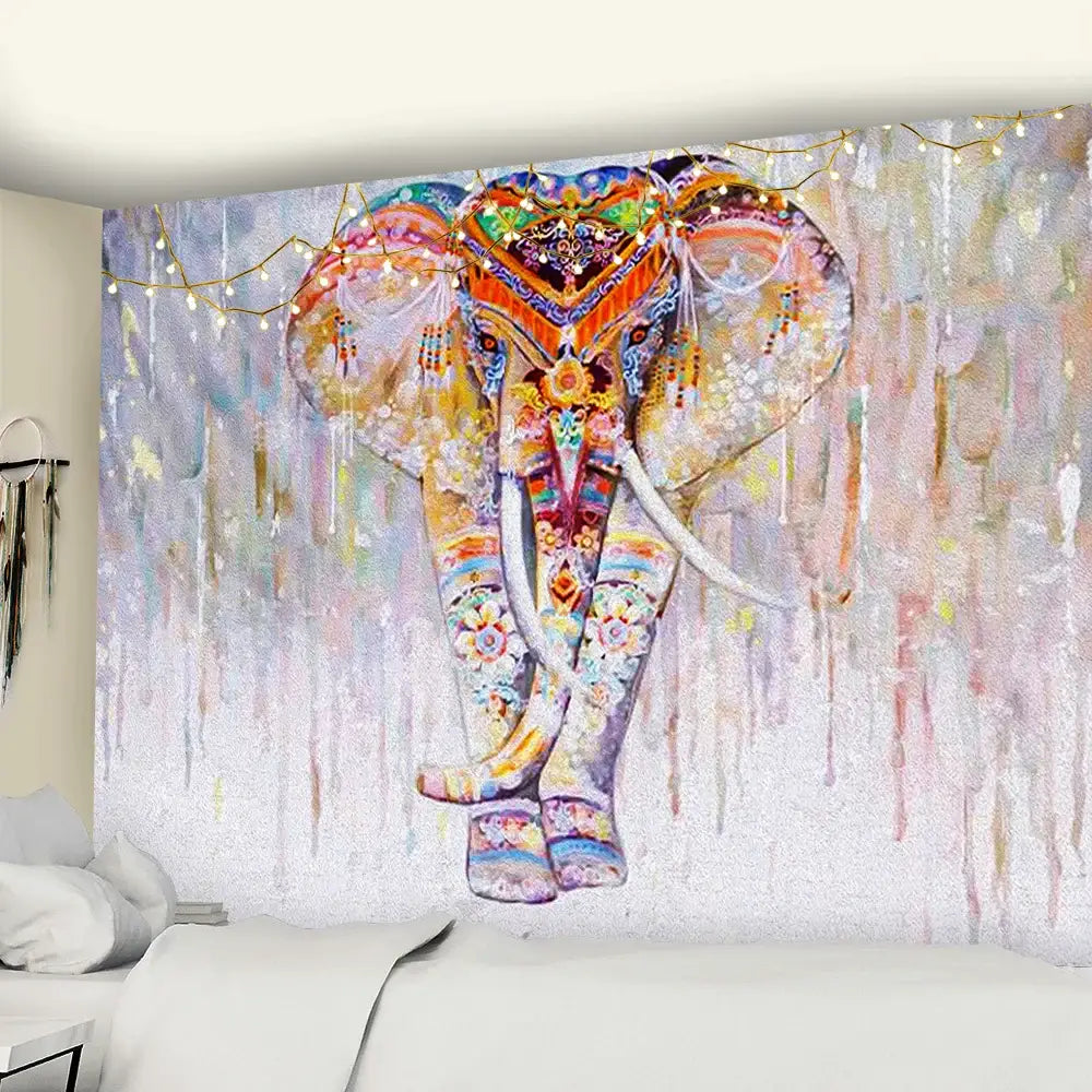 Colorful watercolor elephant tapestry with ornate patterns for boho wall decor