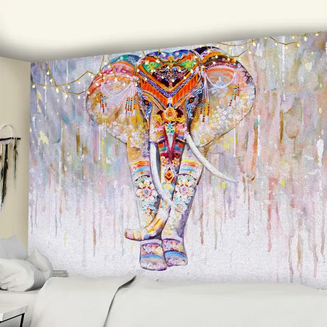 Colorful watercolor elephant tapestry with ornate patterns for boho wall decor