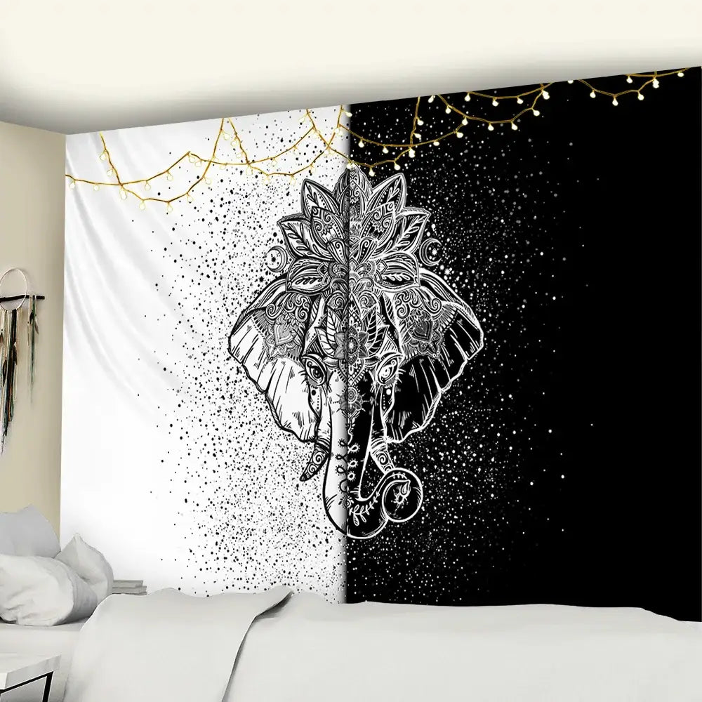 Black and white mandala elephant tapestry for stylish boho wall decor