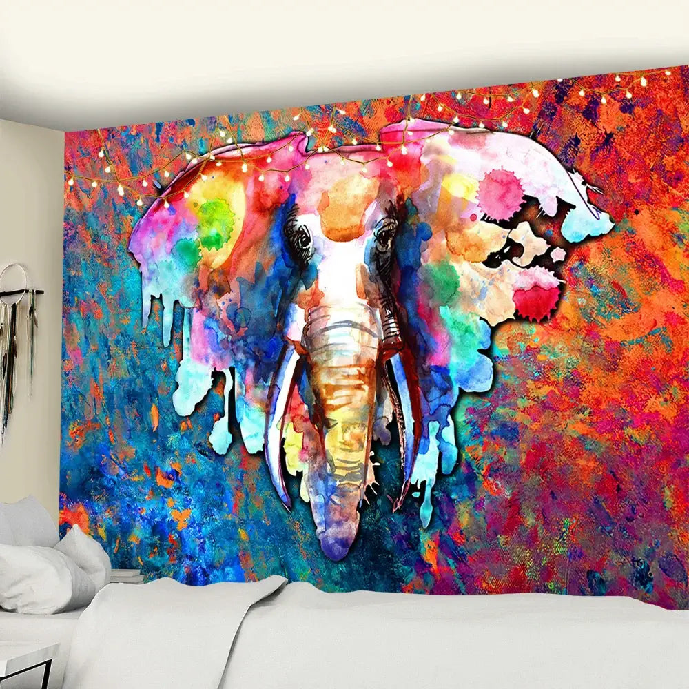 Vibrant watercolor elephant in rainbow colors for boho wall decor tapestry