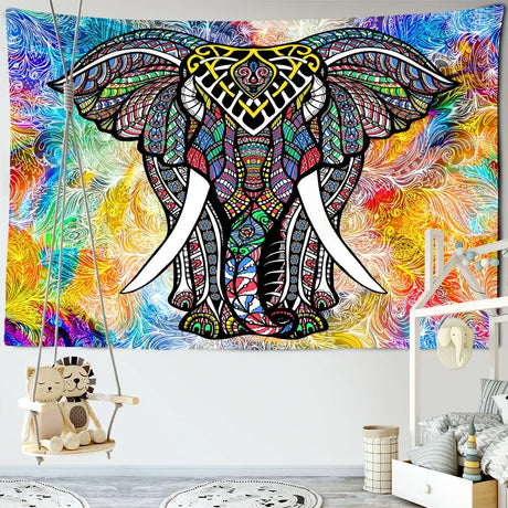 Ornate elephant wall art tapestry with colorful mandala design for boho wall decor