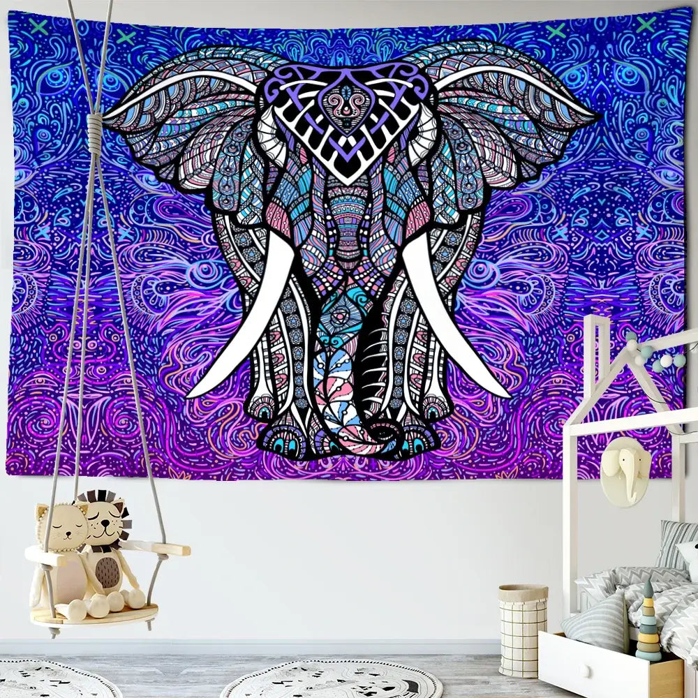 Ornate Elephant Tapestry in Blue and Purple, Perfect for Boho Wall Decor