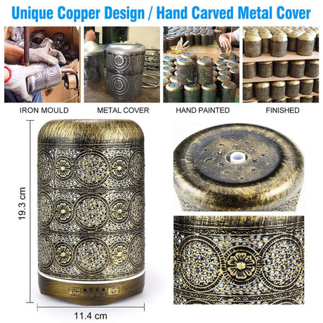 Hand-carved copper cover with mandala patterns for the Bronze Metal Essential Oil Diffuser