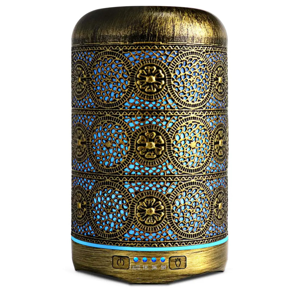 Ornate Bronze Metal Essential Oil Diffuser with intricate blue and gold patterns