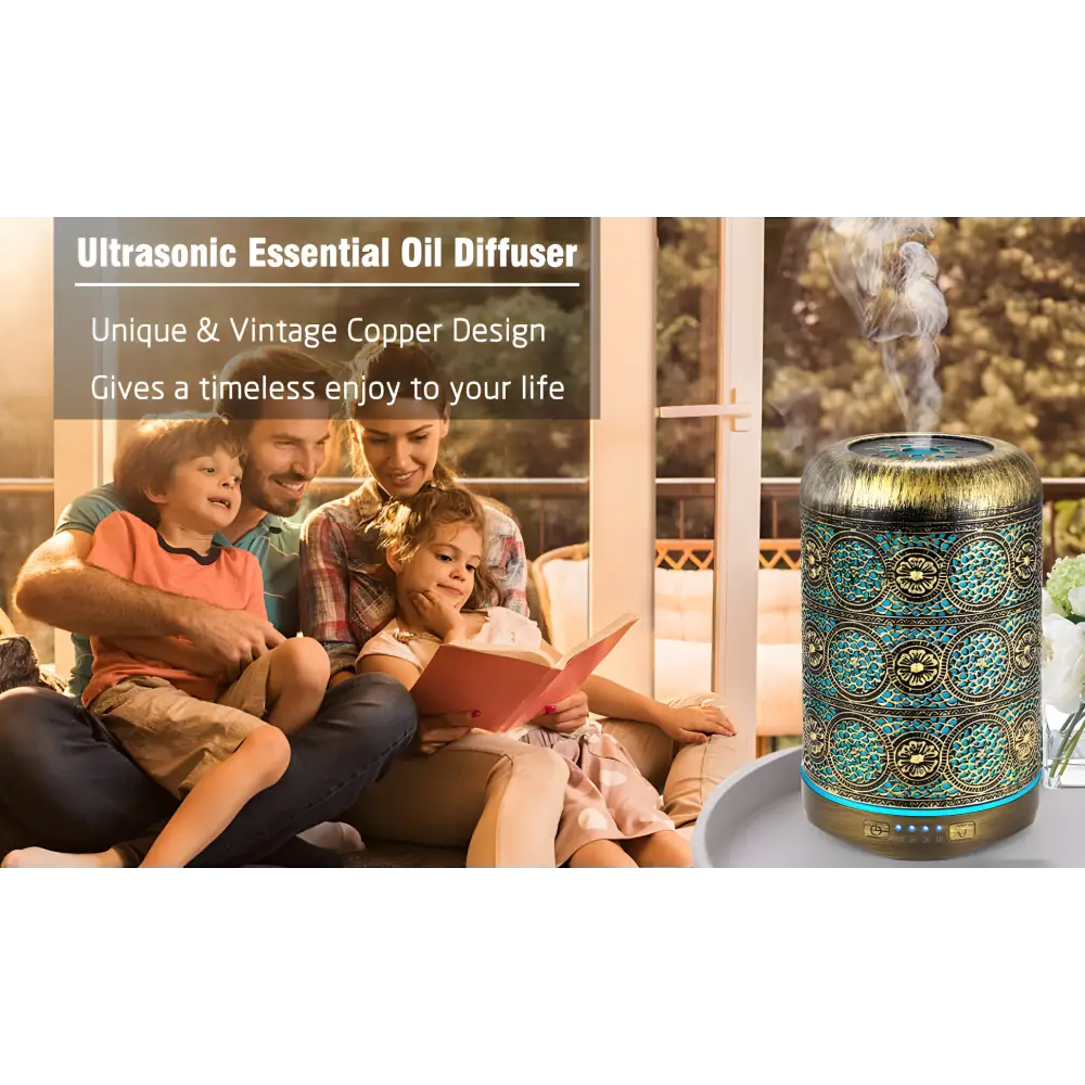 Decorative copper and turquoise essential oil diffuser with intricate pattern design