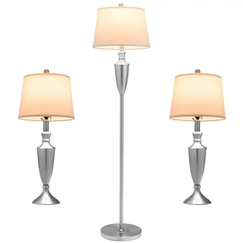 Brushed Silver Table and Floor Lamp Set with Cream Shades for elegant home decor