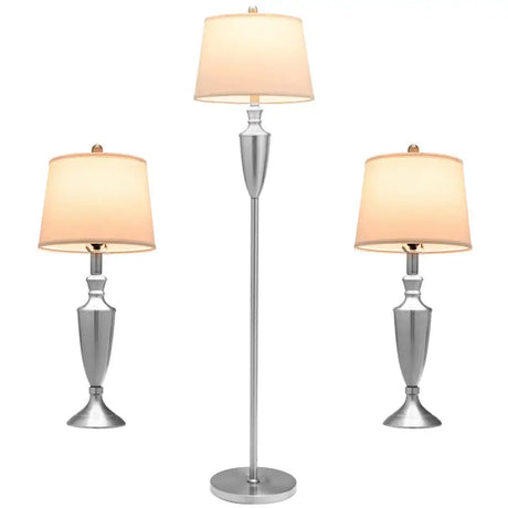 Brushed Silver Table and Floor Lamp Set with Cream Shades for elegant home decor