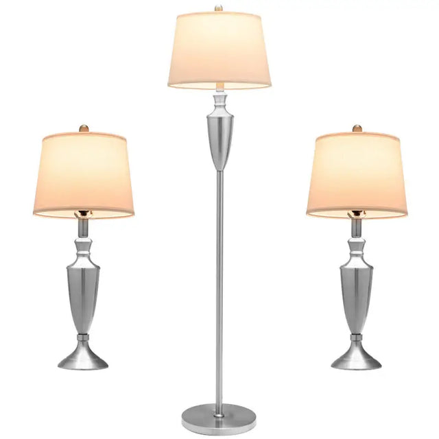 Brushed Silver Table and Floor Lamp Set with Cream Shades for elegant home decor