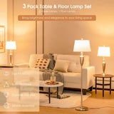 Brushed Silver Table and Floor Lamp Set with Cream Shades in Brushed Nickel Finish