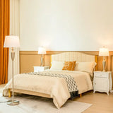 Beige upholstered bed with Brushed Silver Lamp Set and cream shades for stylish decor