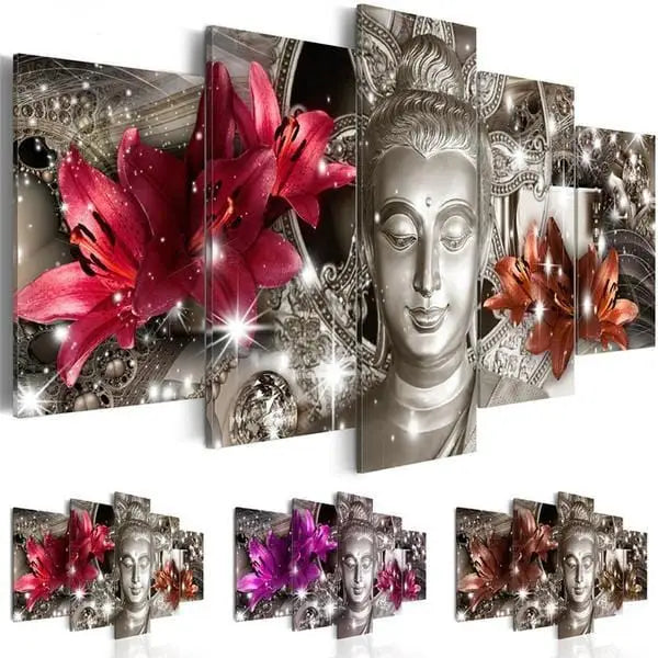 Multi-panel wall art featuring a Buddha statue and vibrant lilies in a canvas design