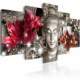 Multi-panel wall art featuring a Buddha statue and red lilies in elegant design