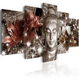 Multi-panel wall art featuring Buddha statue and burgundy lilies on canvas wall art