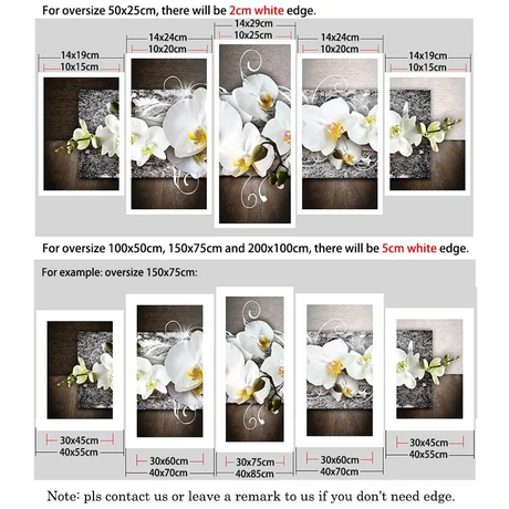 Five-panel canvas wall art featuring Buddha Flowers and white orchids on a dark background