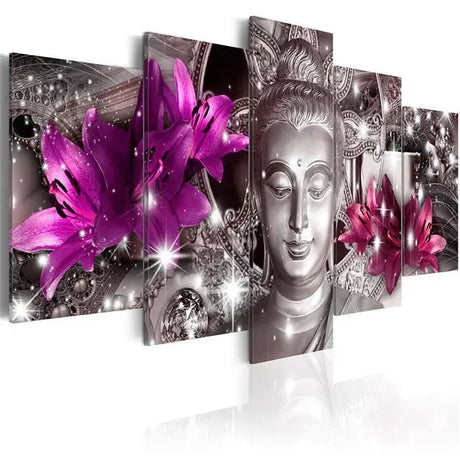 Multi-panel canvas wall art showcasing Buddha flowers and vibrant magenta lilies