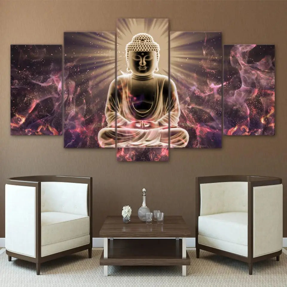 Five-panel Buddha Mystic Sky Canvas Poster wall art featuring a golden Buddha statue