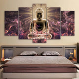 Five-panel canvas poster of a golden Buddha against cosmic purple swirls for mystic decor