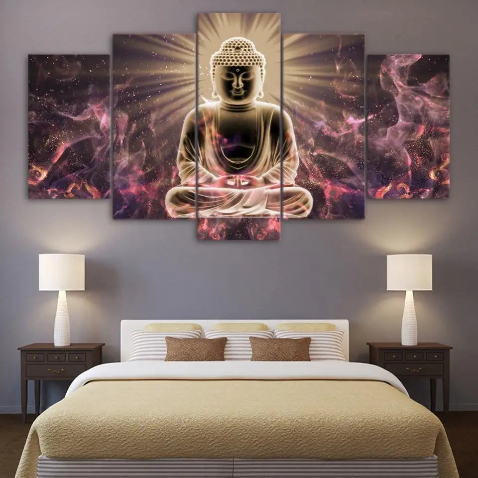 Five-panel canvas poster of a glowing Buddha amidst ethereal pink smoke effects