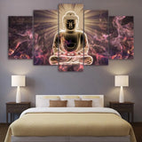 Five-panel canvas poster of a glowing Buddha amidst ethereal pink smoke effects