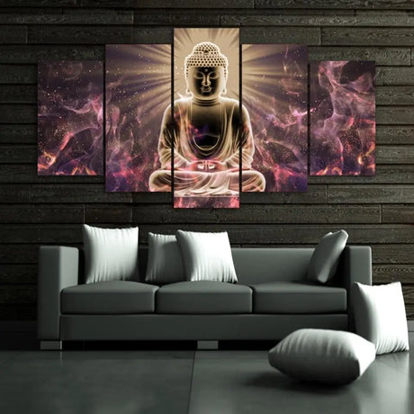 Five-panel Buddha Mystic Sky Canvas Poster Wall Art on a cosmic purple background