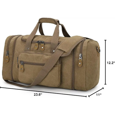 Khaki brown Canvas Duffel Bag with 50L capacity and multiple zippered compartments