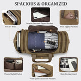 Canvas duffel bag with 50L capacity featuring organized compartments and pockets