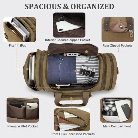 Canvas duffel bag with 50L capacity featuring organized compartments and pockets