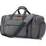 Gray canvas duffel bag with leather accents and 50L capacity and multiple compartments