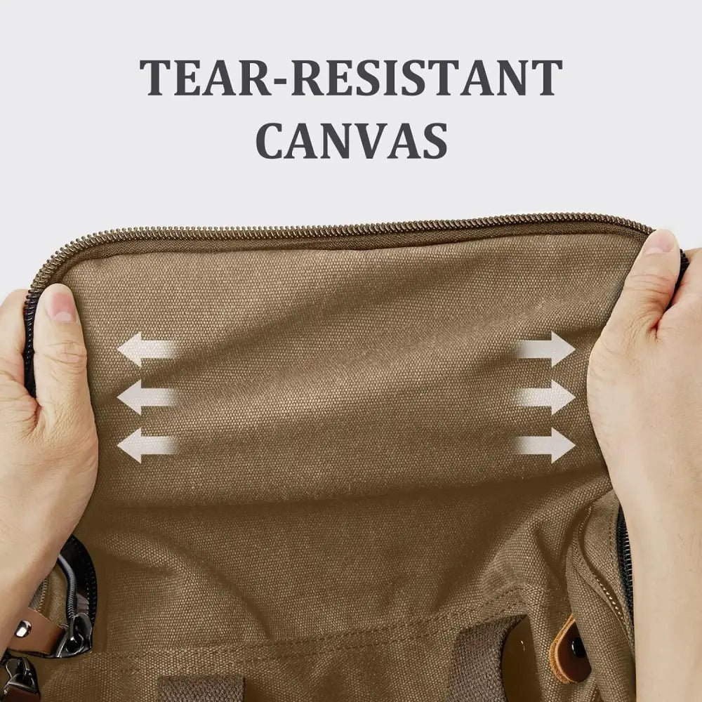 Tear-resistant brown canvas material highlights durability of 50L capacity duffel bag