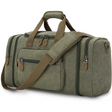 Olive green canvas duffel bag with 50L capacity and multiple zippered compartments