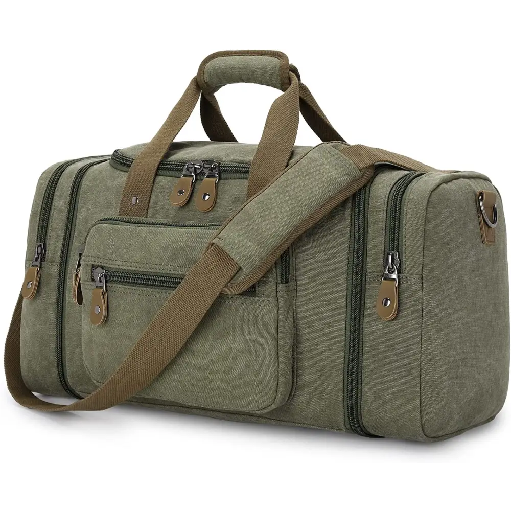 Olive green canvas duffel bag with 50L capacity and multiple zippered compartments