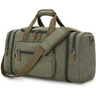 Olive green canvas duffel bag with 50L capacity and multiple zippered compartments